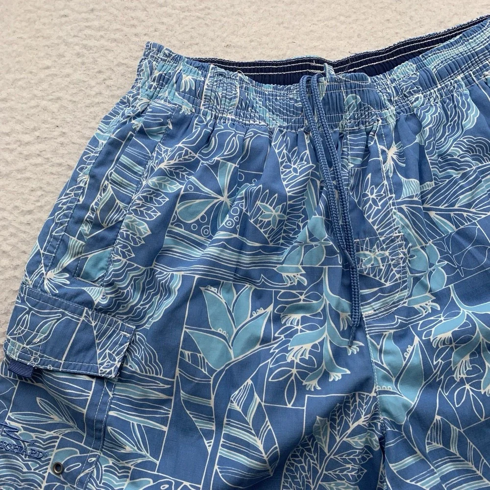 Tori Richard Swim Shorts Mens Medium Blue Hawaiian Tiki Lined Bathing Suit Flaws